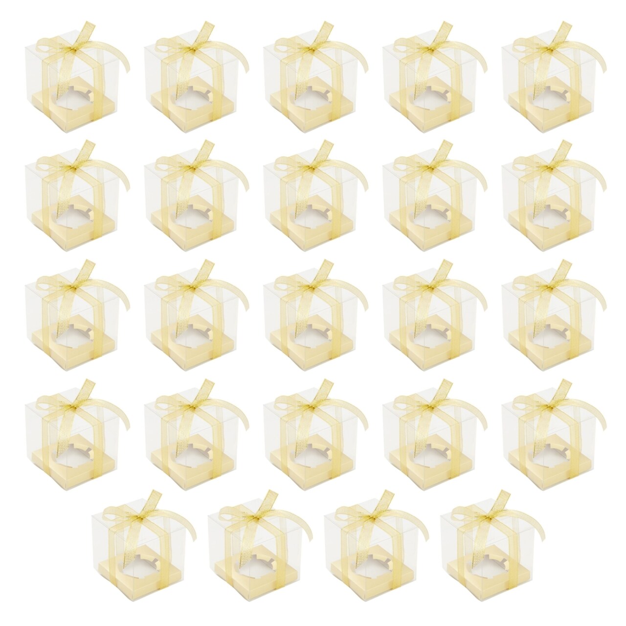 24 Pack Clear Individual Cupcake Boxes for Wedding Favors, Gold Satin Ribbon and Inserts Included (4.3 x 3.7 In)